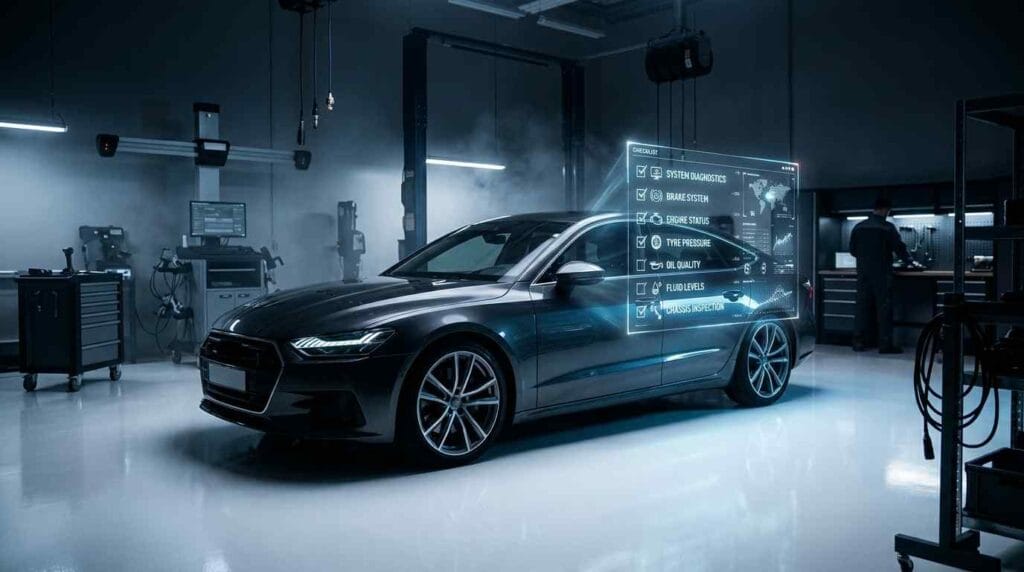 Modern Audi in a premium dealership service bay with a glowing digital service checklist hologram, dramatic blue lighting, metallic reflections, and a luxury workshop background.