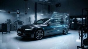Modern Audi in a premium dealership service bay with a glowing digital service checklist hologram, dramatic blue lighting, metallic reflections, and a luxury workshop background.