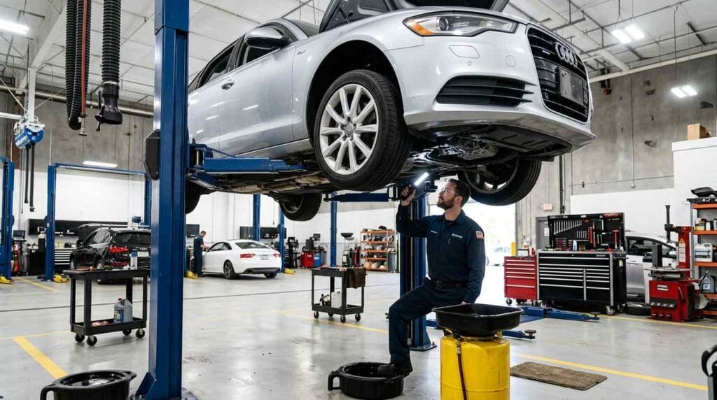 Professional technician inspecting the underside of a silver Audi sedan on a hydraulic lift inside a clean, well-equipped automotive service workshop.