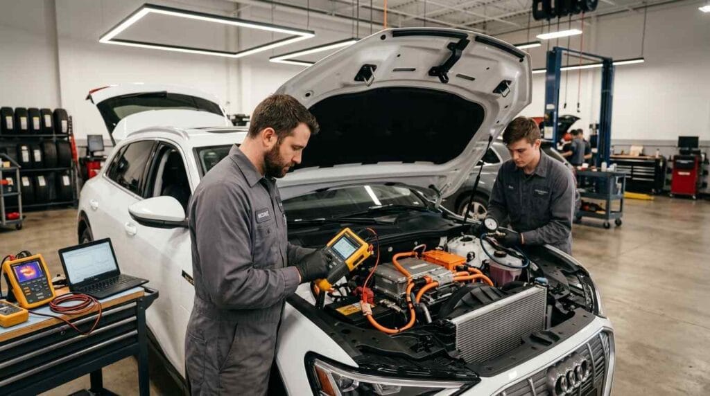 Professional technicians performing a battery diagnostic test and cooling system inspection on a white Audi electric vehicle inside a modern automotive service workshop.