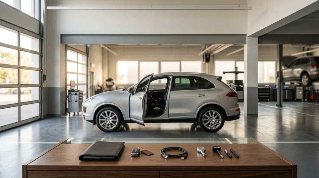 Service advisor and master technician verifying vehicle records and identification details before scheduled maintenance on a metallic grey Audi Q5 inside a premium Dubai service center.