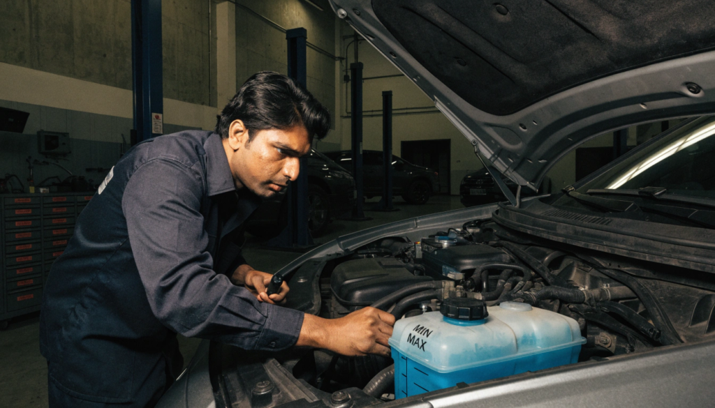 Mechanic inspecting the coolant reservoir level in an Audi Q7 engine bay at a workshop.