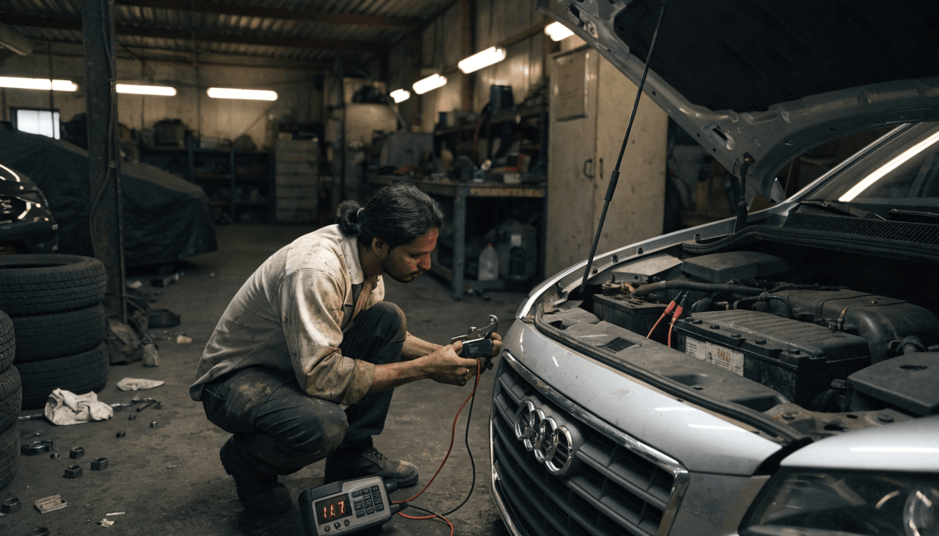 Mechanic testing an Audi car battery with a digital load tester in a professional garage.