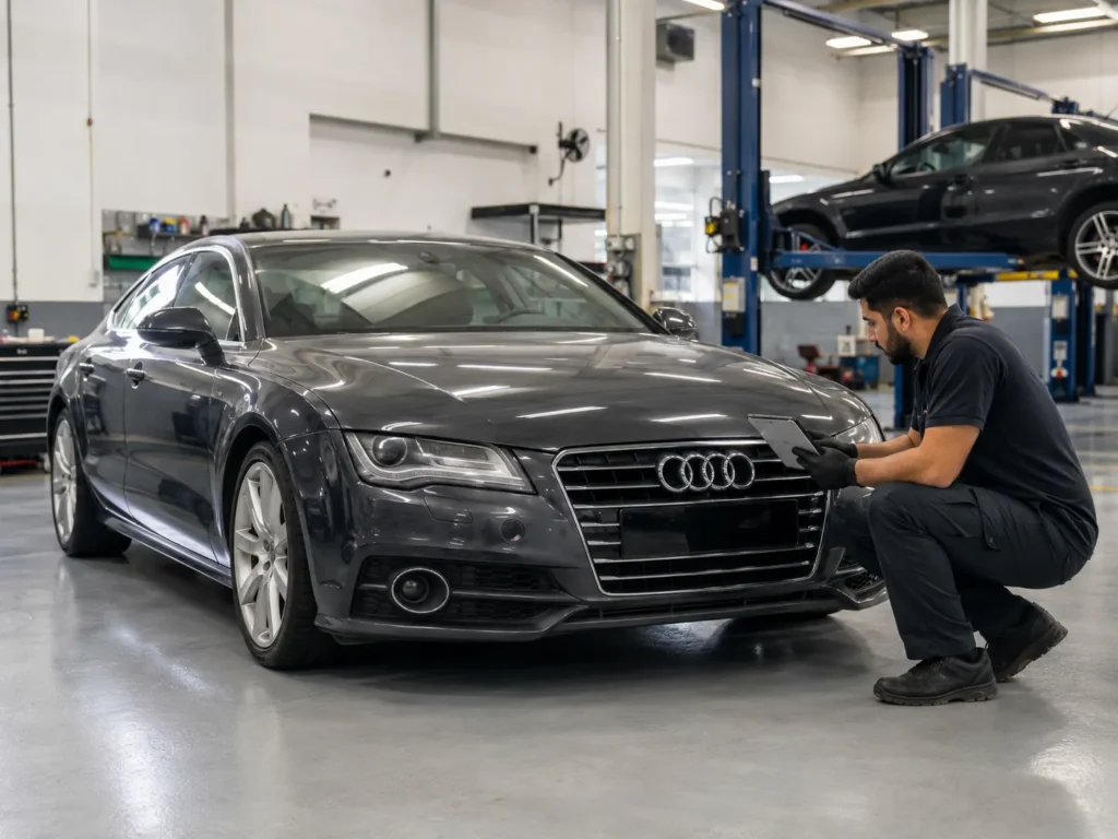 Technician carrying out a used Audi A7 pre-purchase inspection in a Dubai workshop