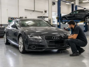 Technician carrying out a used Audi A7 pre-purchase inspection in a Dubai workshop