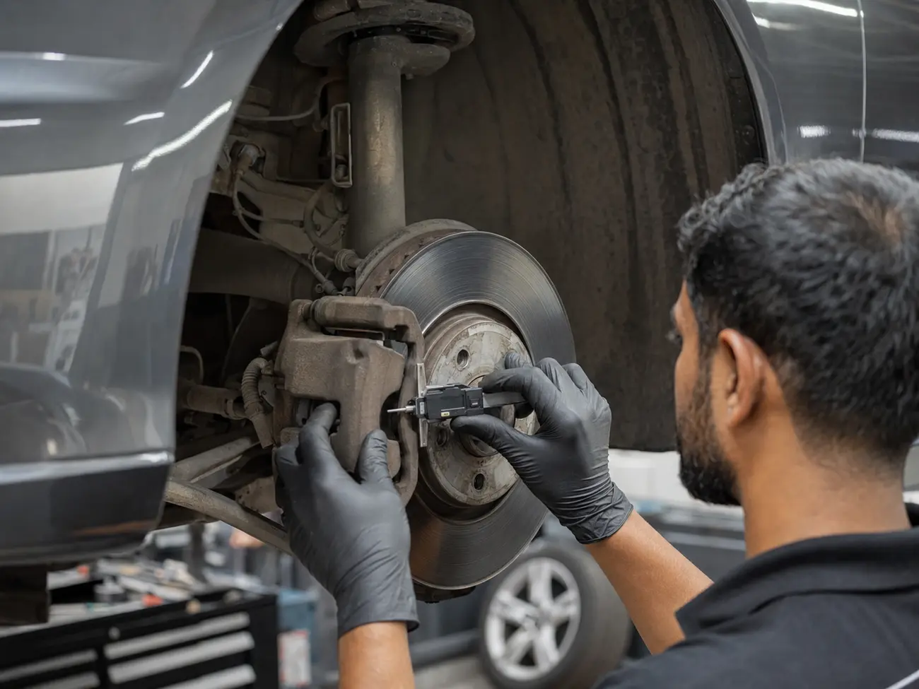 Illustrative Audi brake condition measurement during maintenance inspection