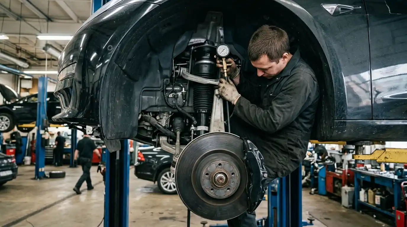 Audi e-tron three-chamber air suspension strut test during service planning
