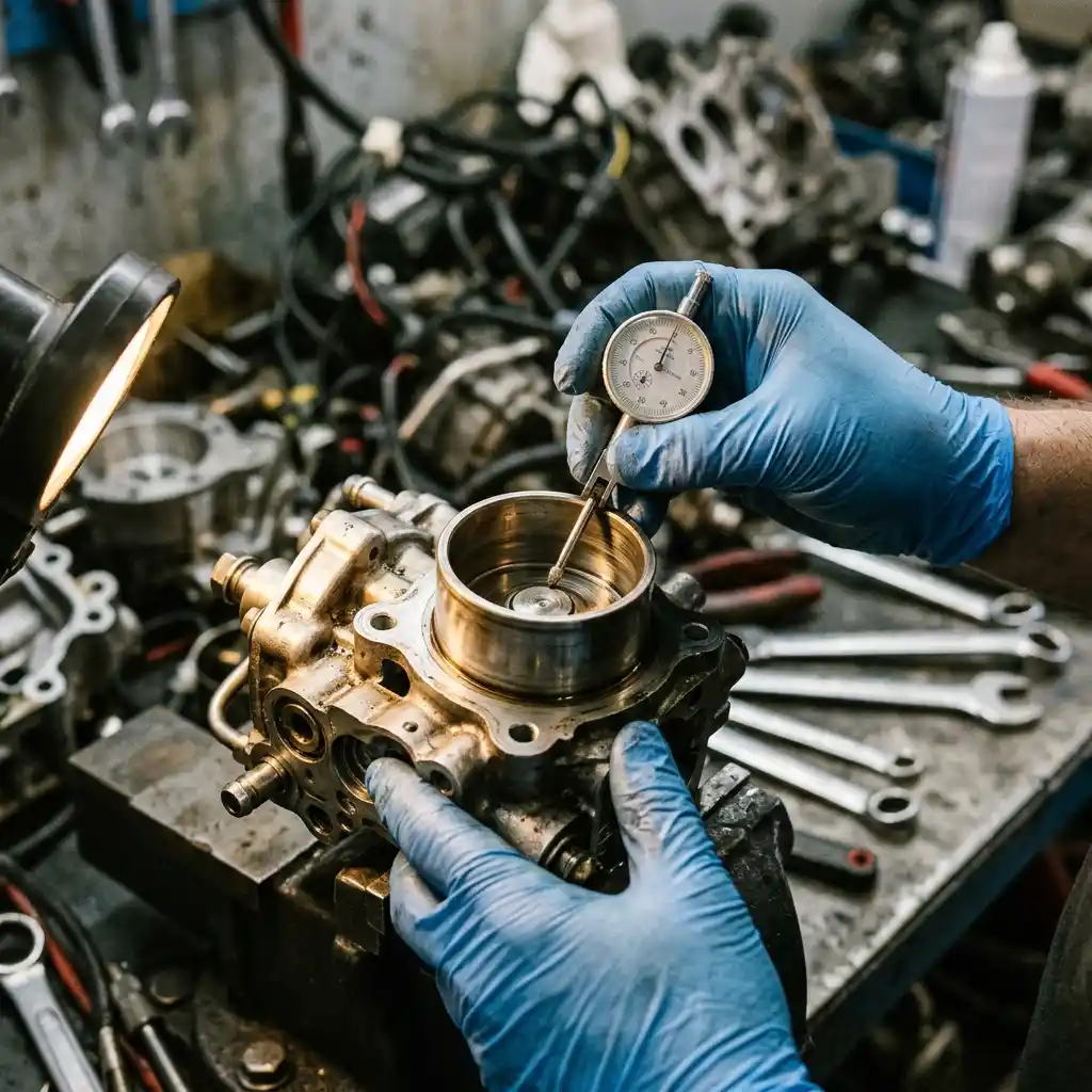 Workshop inspection of a dismantled fuel pump component