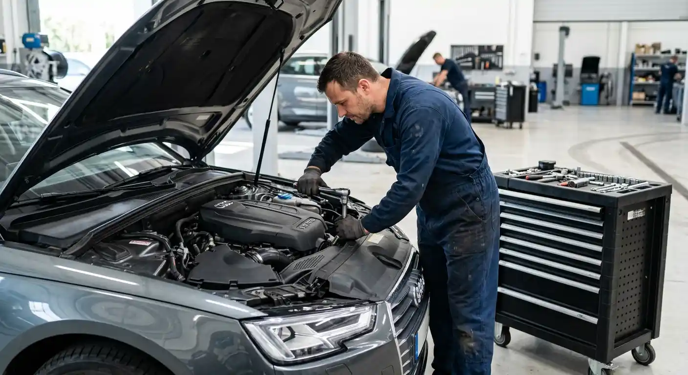 Audi Q model being inspected and repaired in the workshop