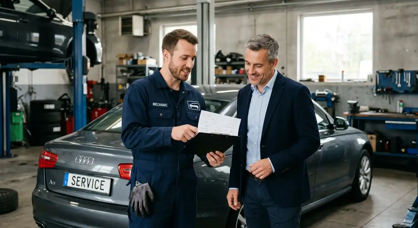 Audi mechanic discussing model-specific parts and repair findings with a customer