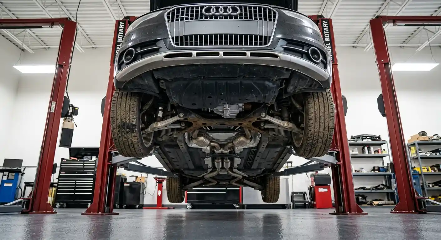 Audi A4 allroad on a hydraulic lift for driveline inspection