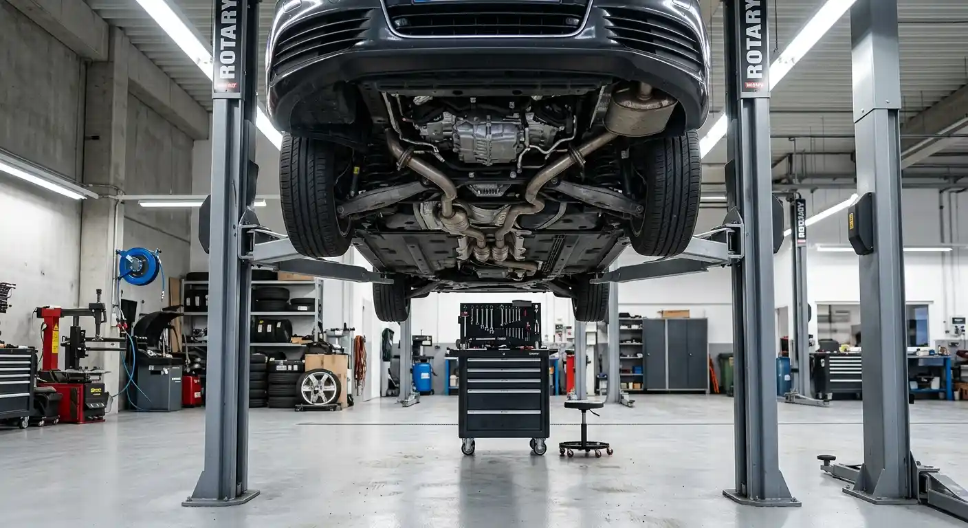 Audi A model on a hydraulic lift during workshop inspection