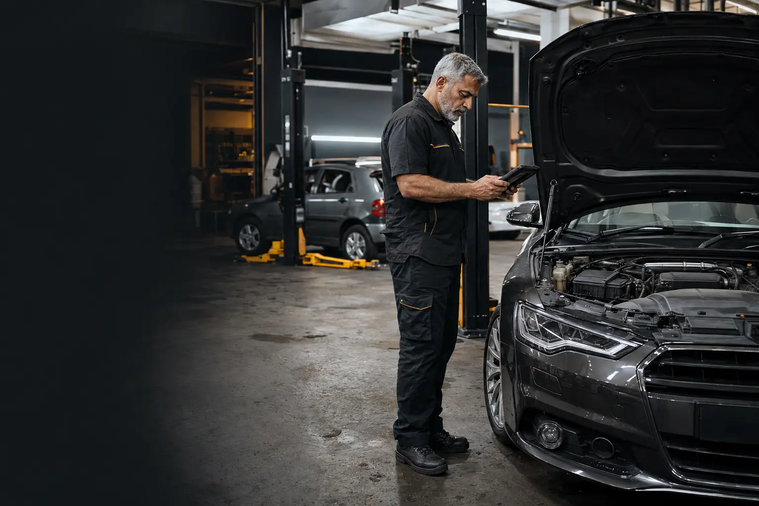 Audi technician reviewing diagnostic information beside a vehicle in a Dubai workshop