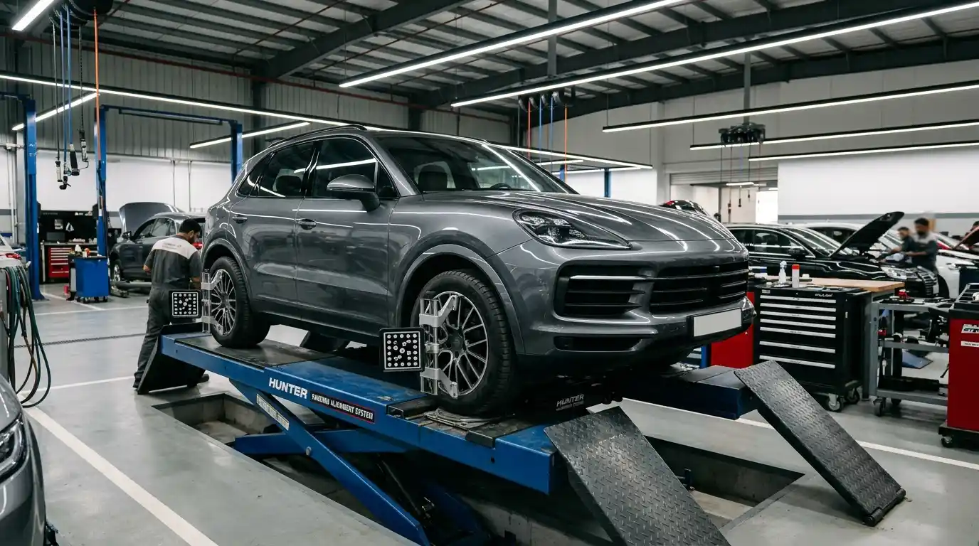 Low-angle 45-degree frontal view of an Audi Q5 undergoing dynamic diagnostic checks on a multi-bay alignment and service rack in a Dubai workshop.