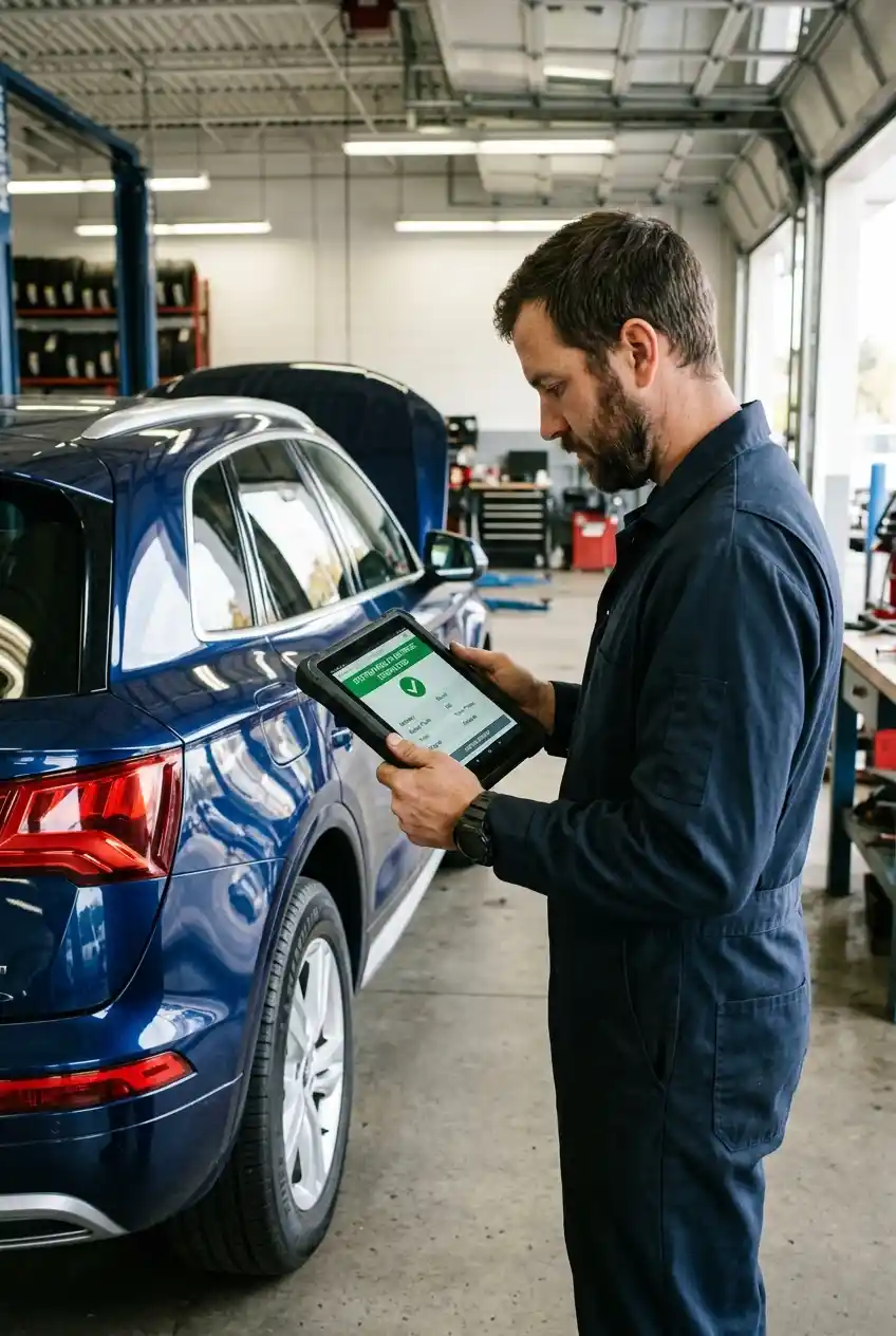 Technician beside an Audi with a diagnostic tablet