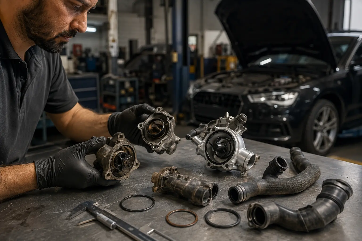 Audi water pump and cooling-system parts inspection before repair