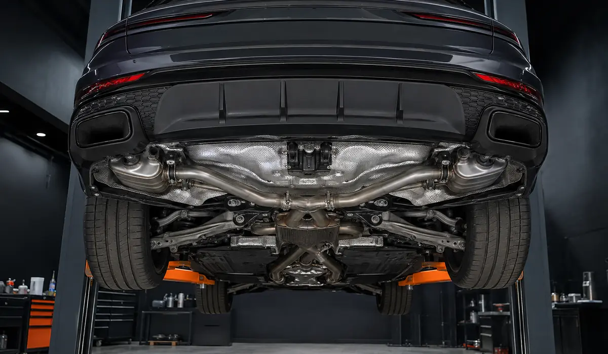 Audi RS Q8 exhaust control and heat shield inspection