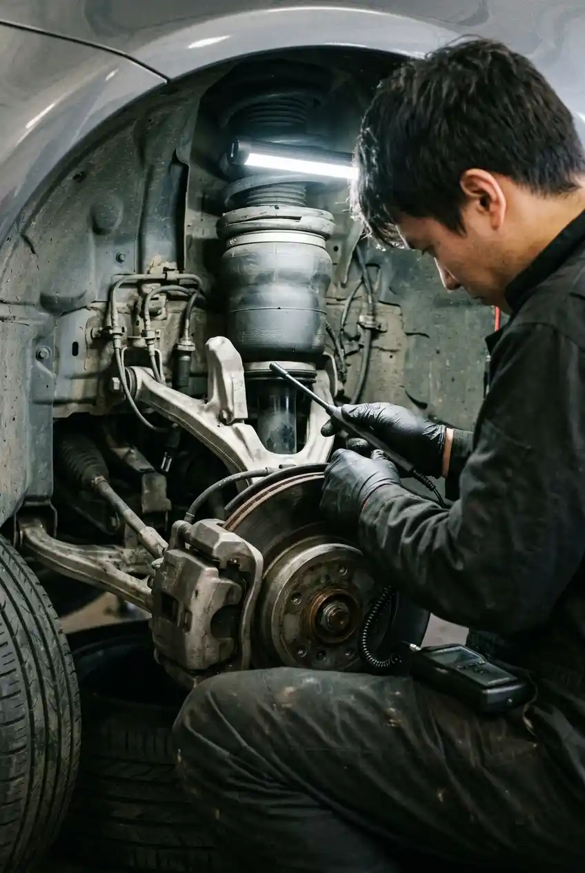 Audi air suspension strut leak test in a Dubai workshop