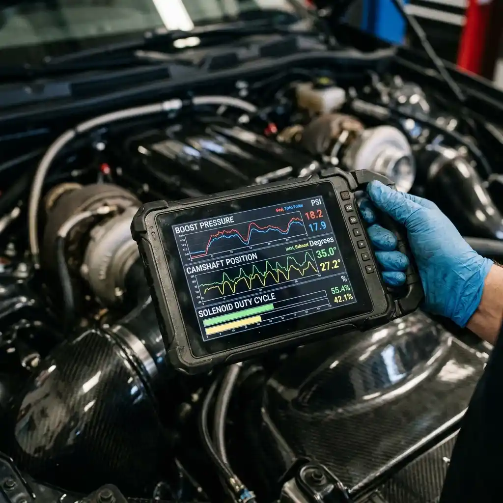 Technician reviewing Audi engine position and signal data