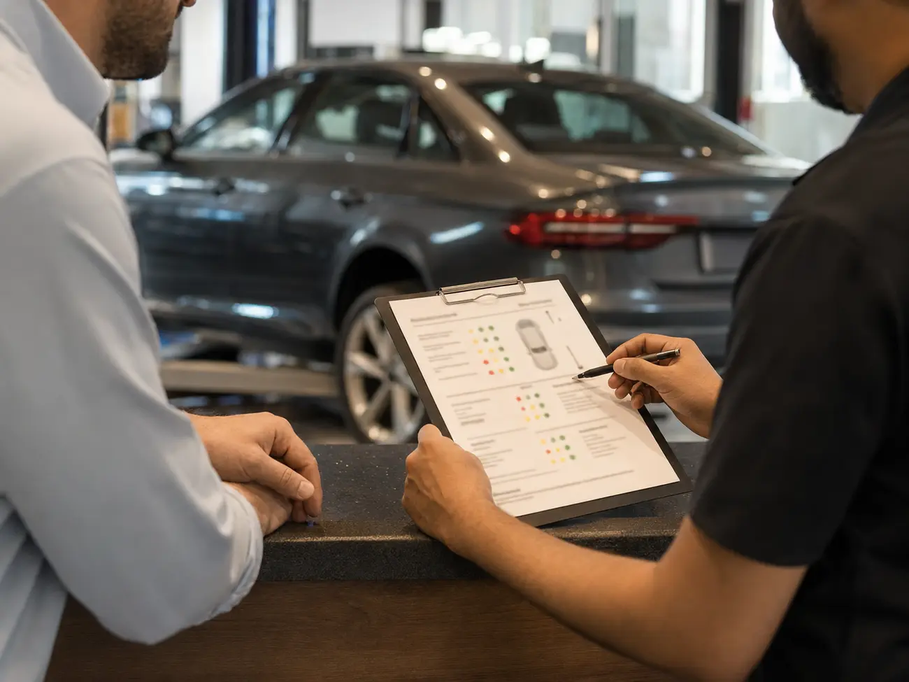 Illustrative Audi service record review after maintenance inspection