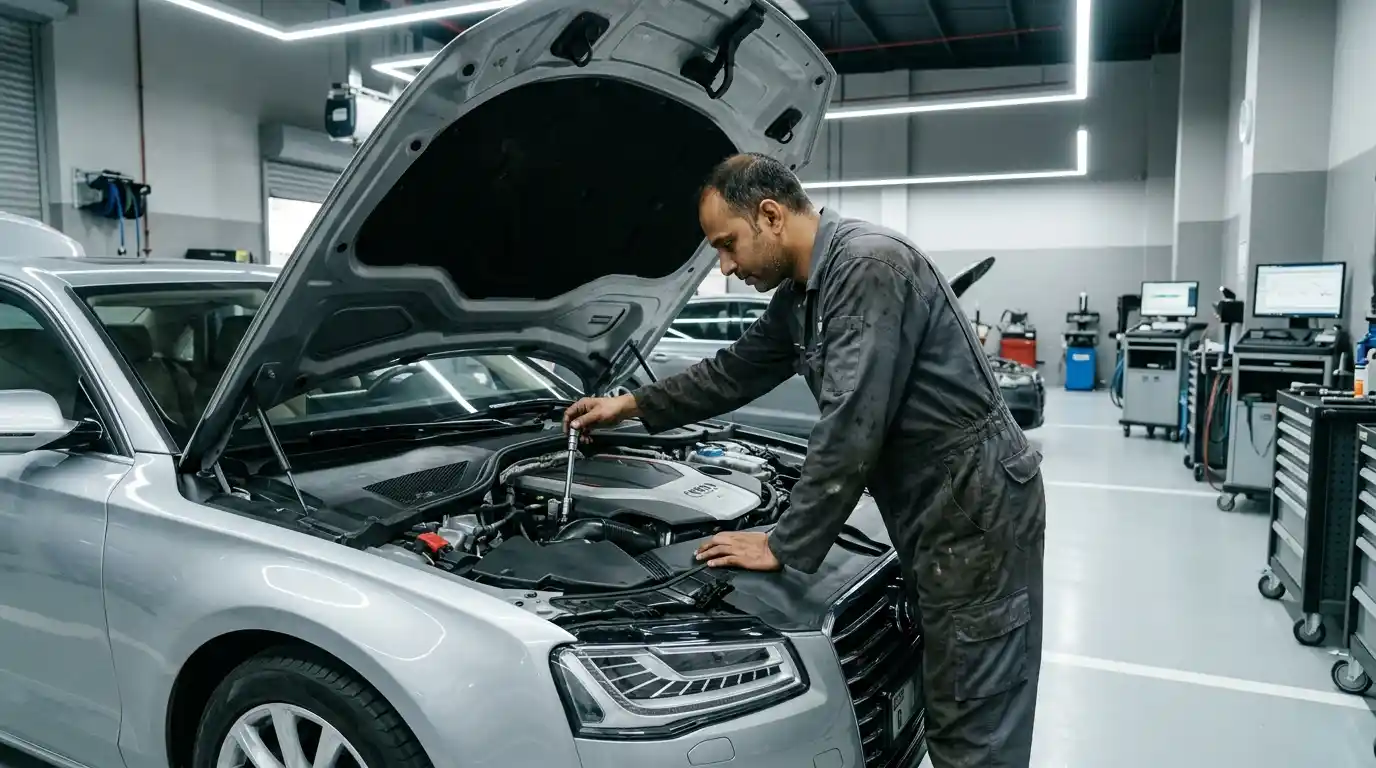 Specialist using a magnetic socket and torque wrench to service spark plugs on an Audi TFSI engine inside a Dubai bay.