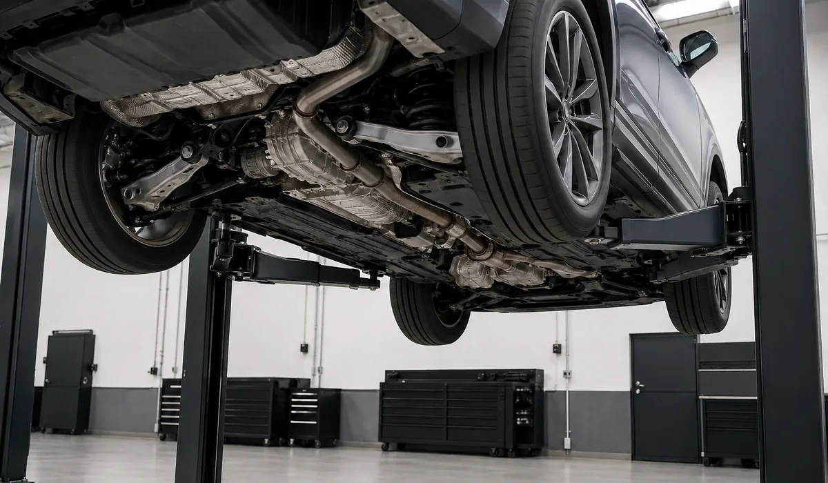 Audi SQ8 all-wheel-drive drivetrain underbody inspection during a repeatable test sequence
