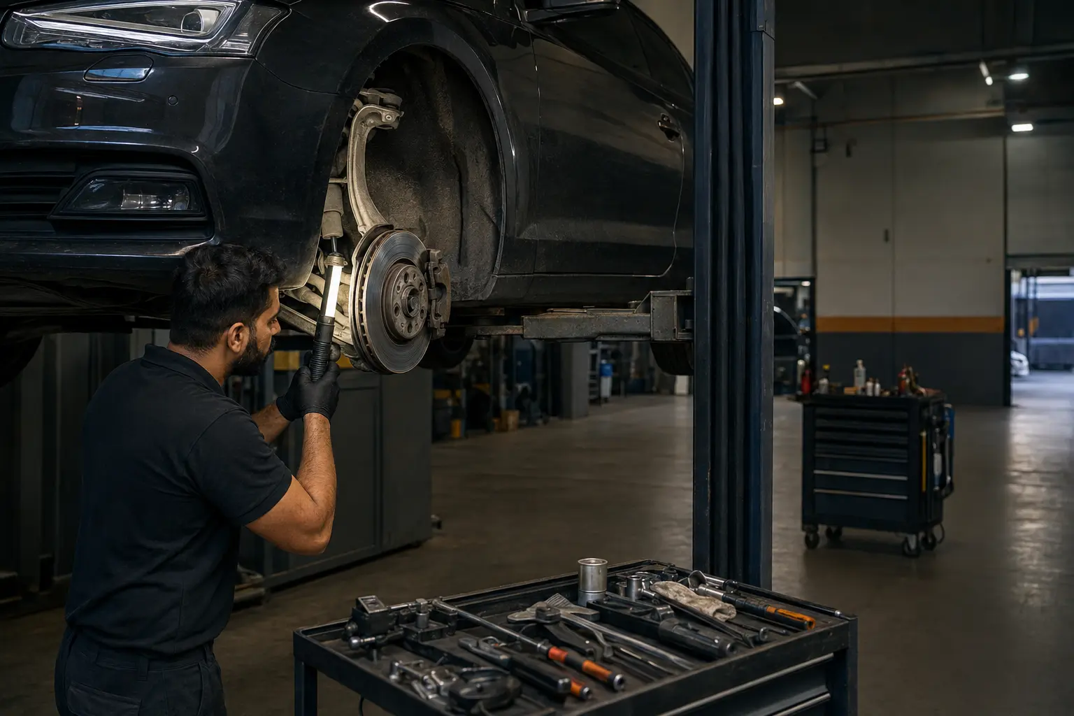 Audi suspension and brake problem inspection in a Dubai workshop
