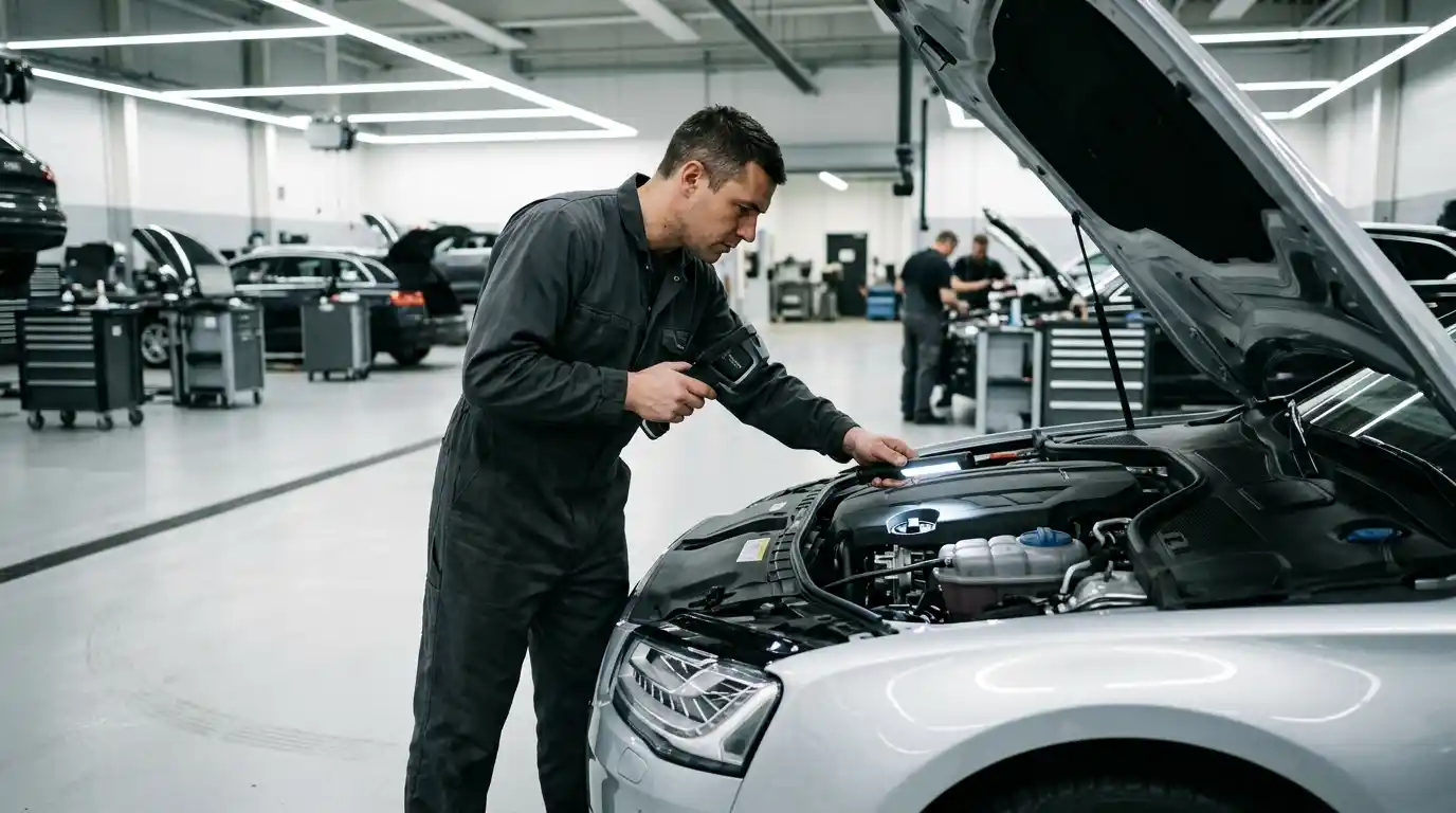 Specialist using a diagnostic tablet to scan adaptive air suspension components on an elevated Audi Q7 inside a modern workshop.