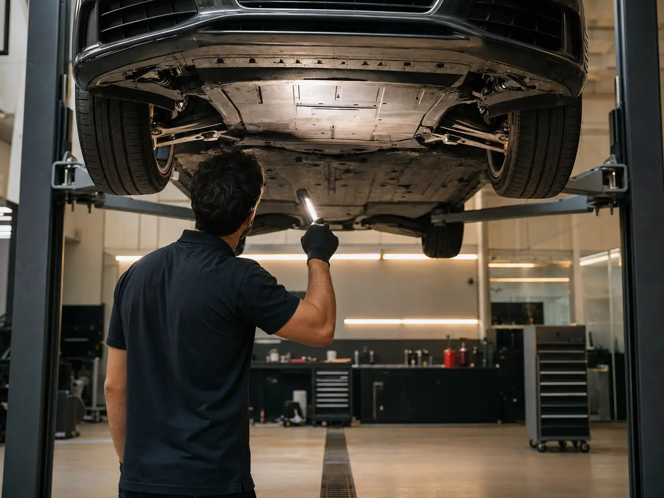 Illustrative Audi underbody and suspension inspection on a workshop lift