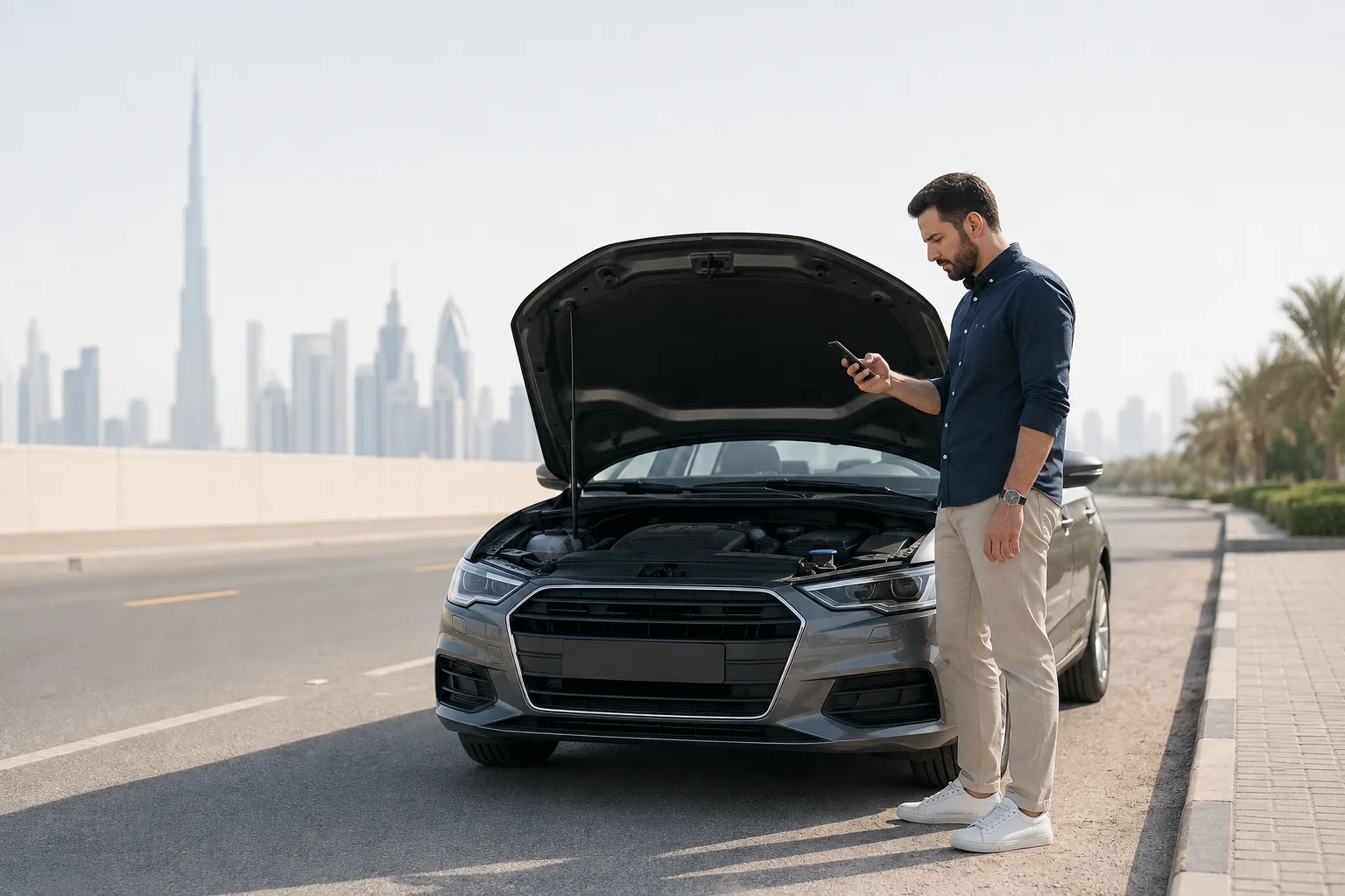 Illustrative Audi roadside warning assessment with the driver recording the event