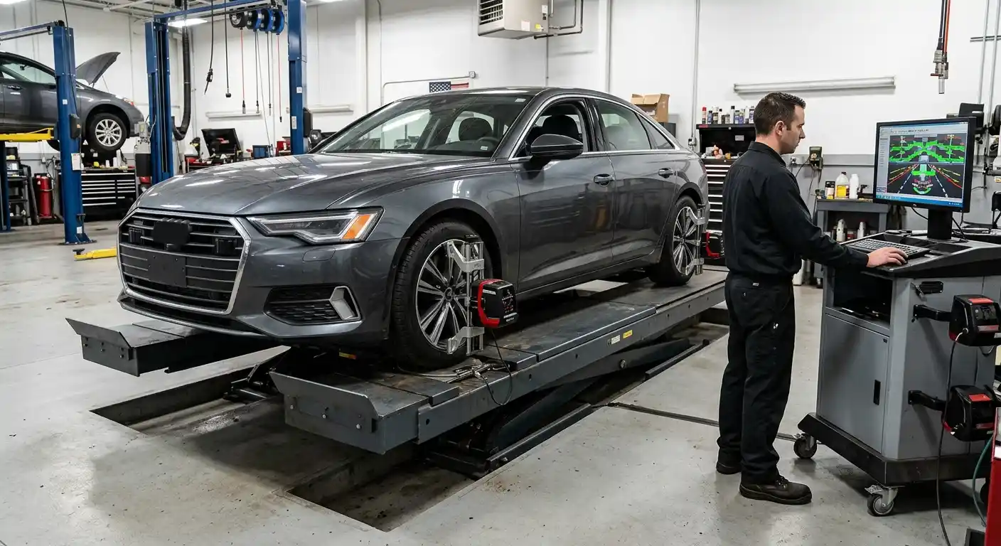 Audi wheel alignment and chassis measurement during repair cost assessment