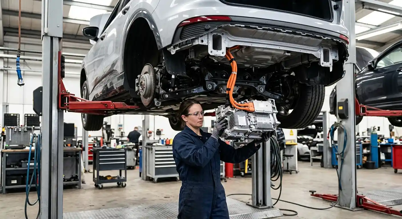 Audi Q4 e-tron electric drive module inspection in the workshop