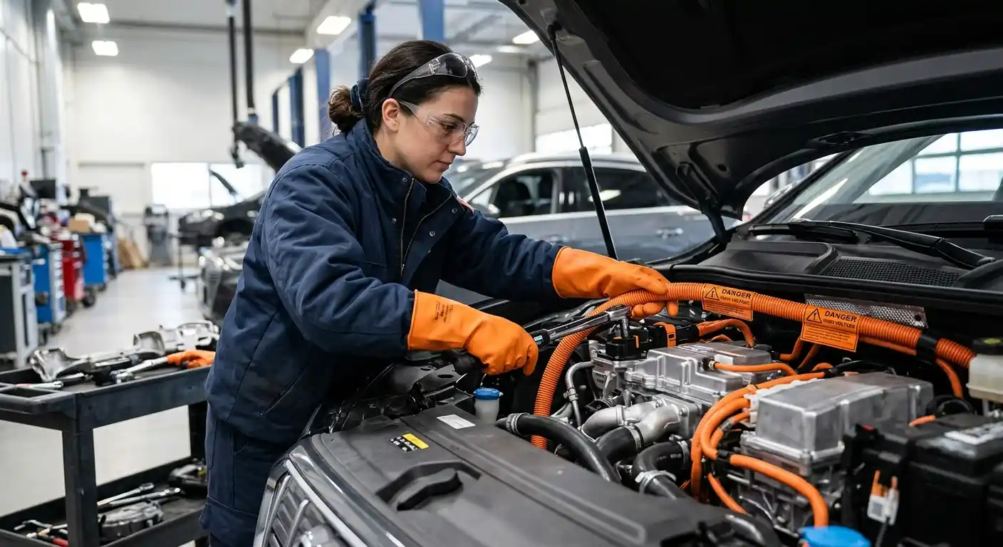 Audi Q6 e-tron high-voltage cable inspection in the workshop