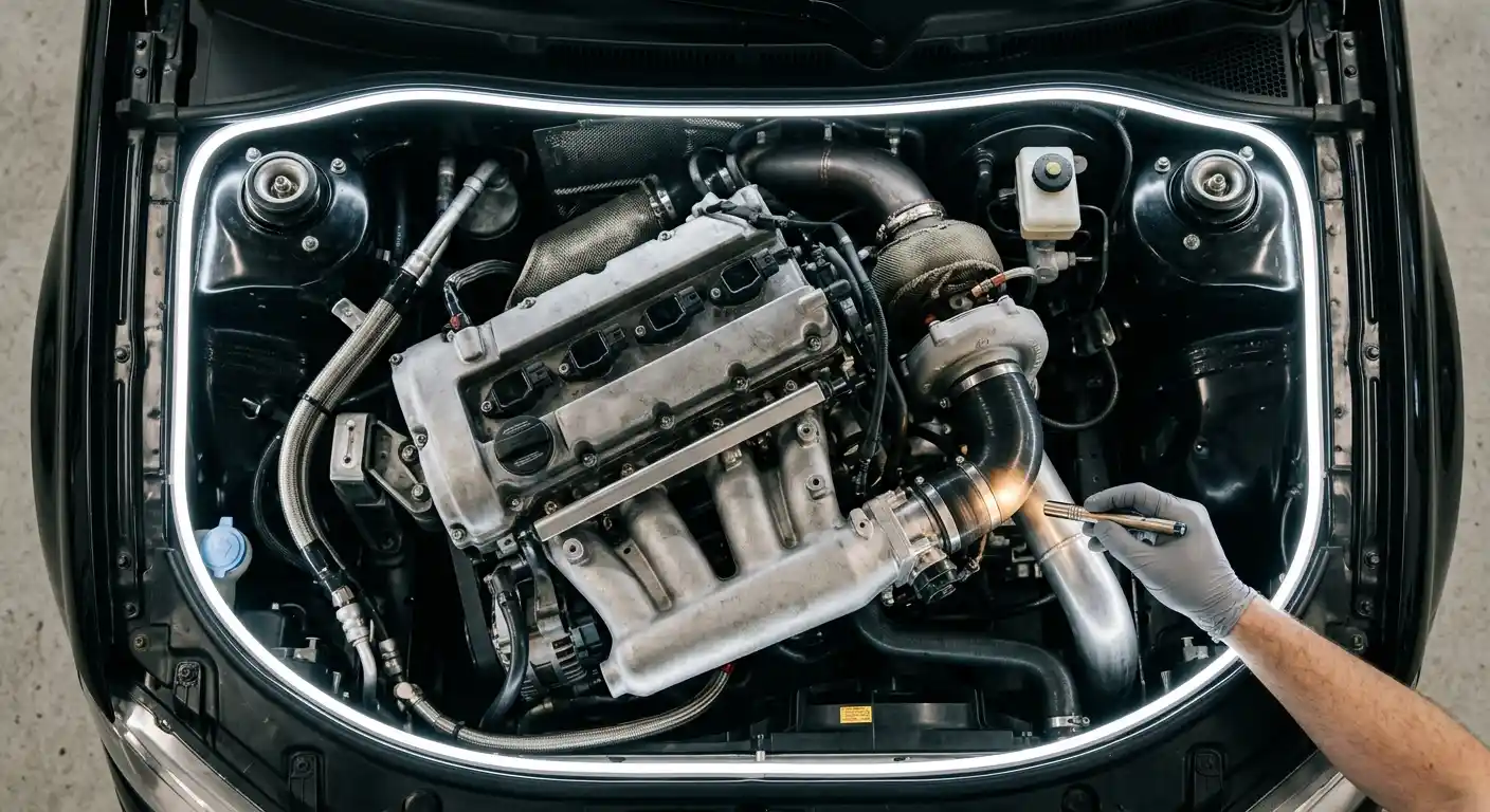 Audi RS3 five-cylinder engine bay inspection