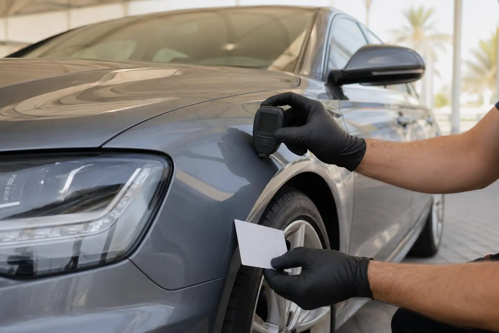 Illustrative paint-thickness check on a used Audi before purchase