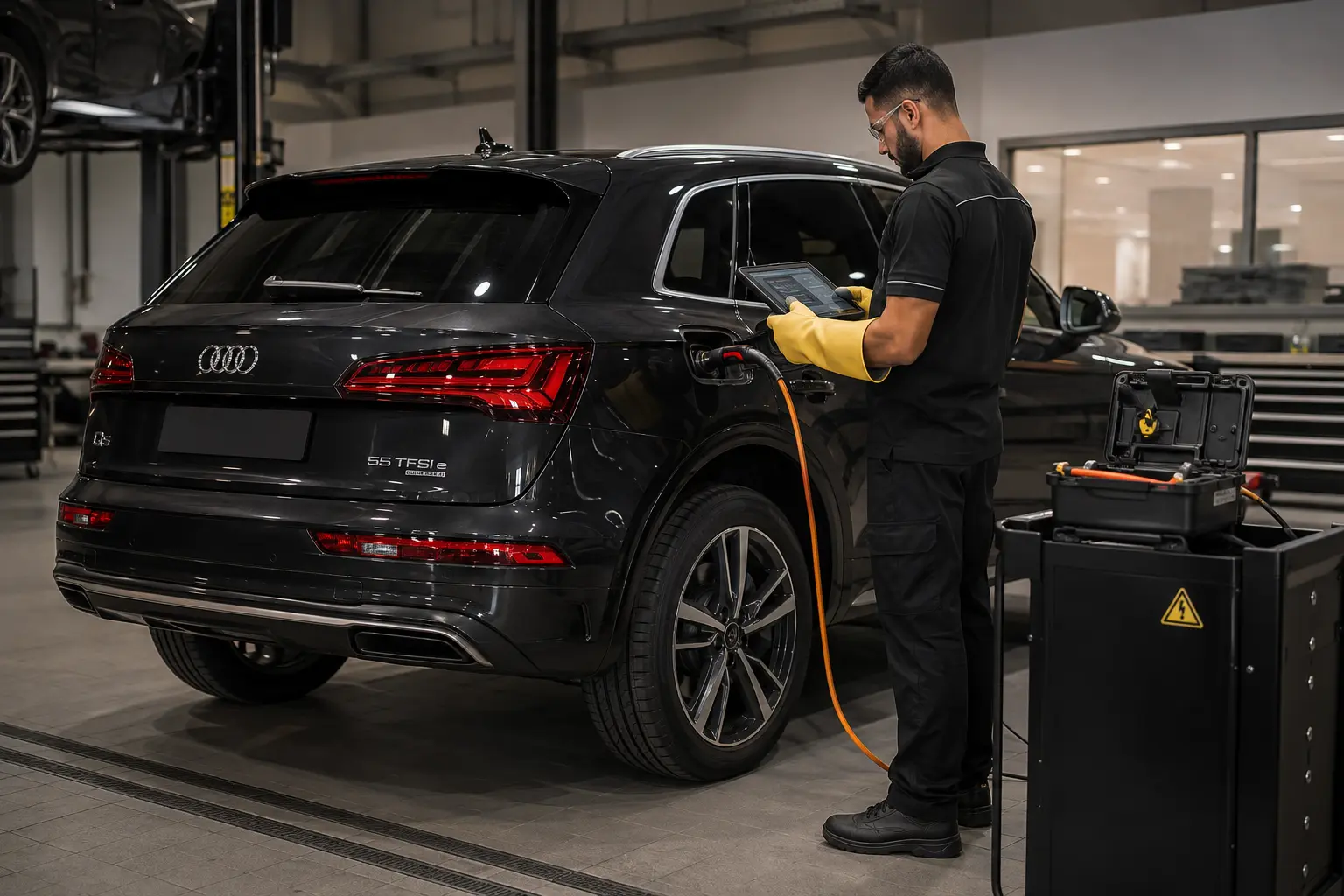 Technician diagnosing an Audi hybrid battery in a Dubai workshop