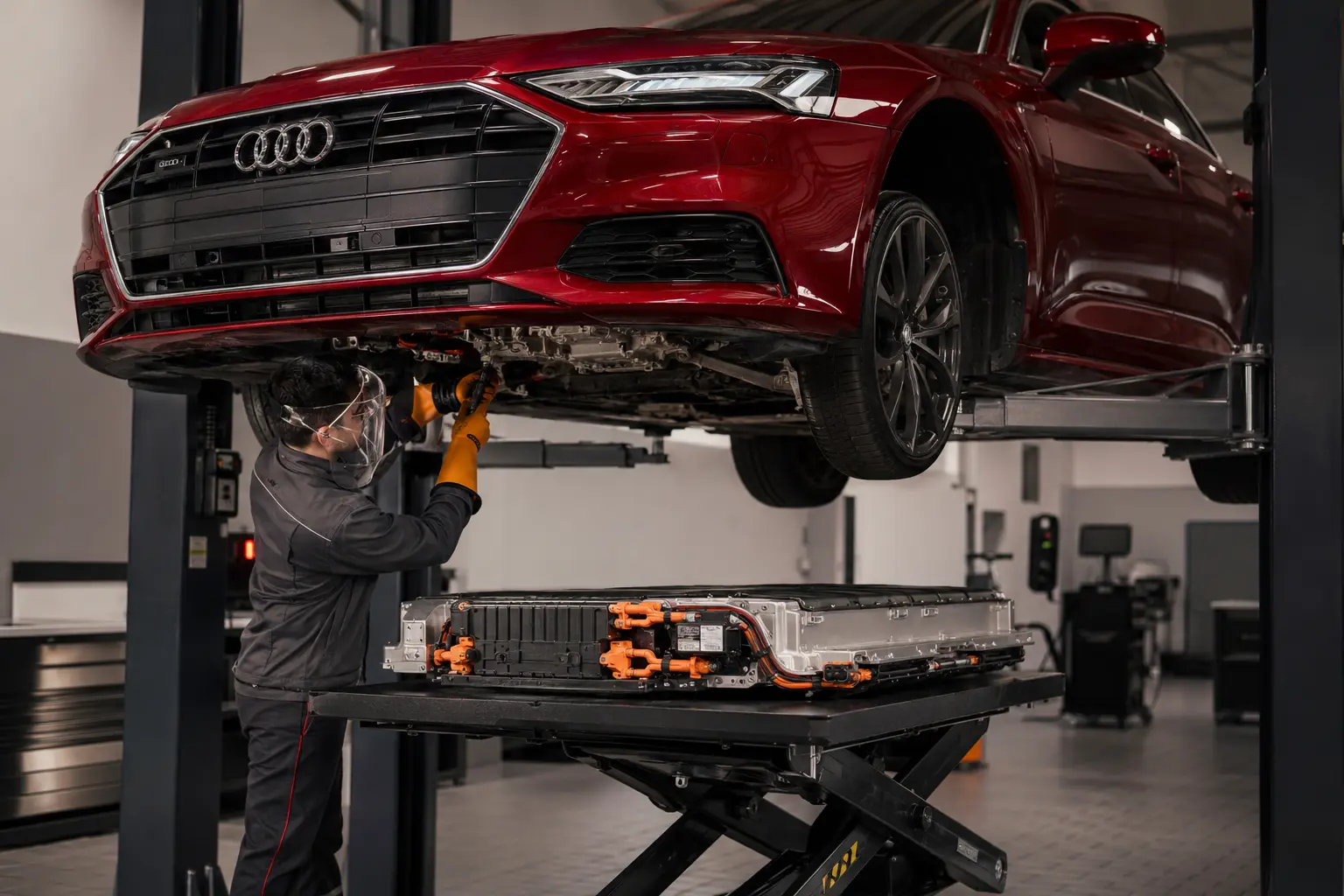 Technician performing Audi hybrid battery replacement in Dubai