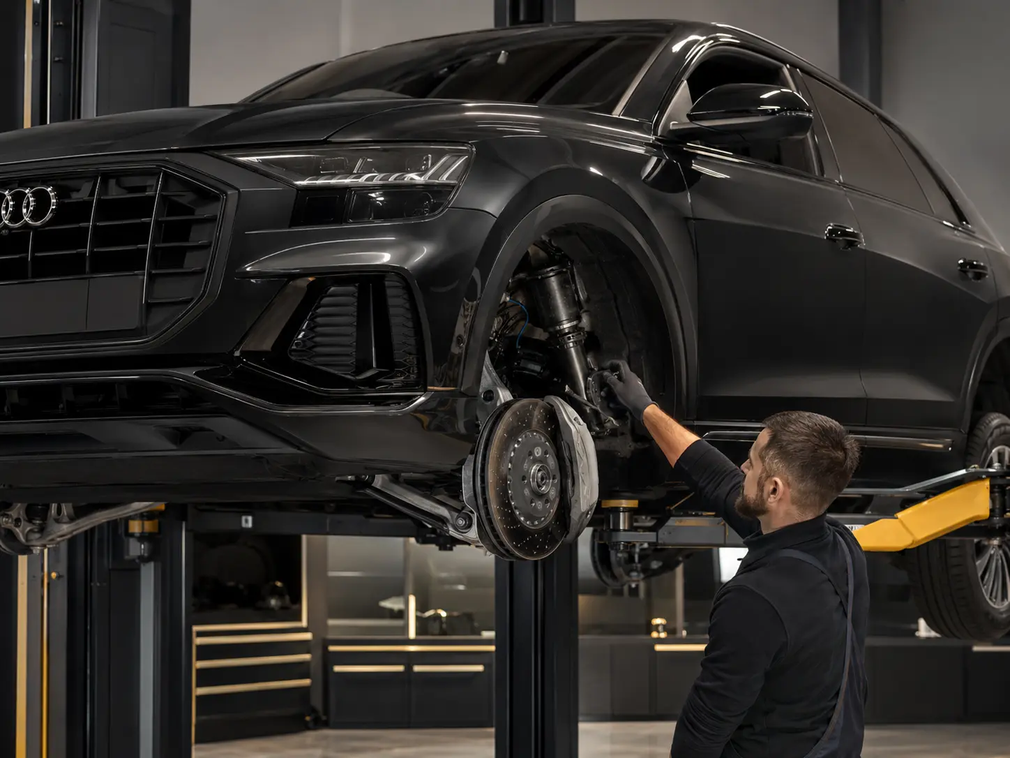 Audi Q8 air suspension and brake inspection on a workshop lift