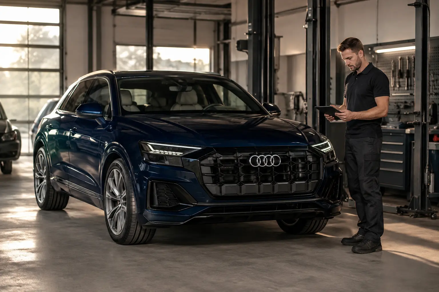 Audi Q8 repair inspection in an independent Dubai workshop